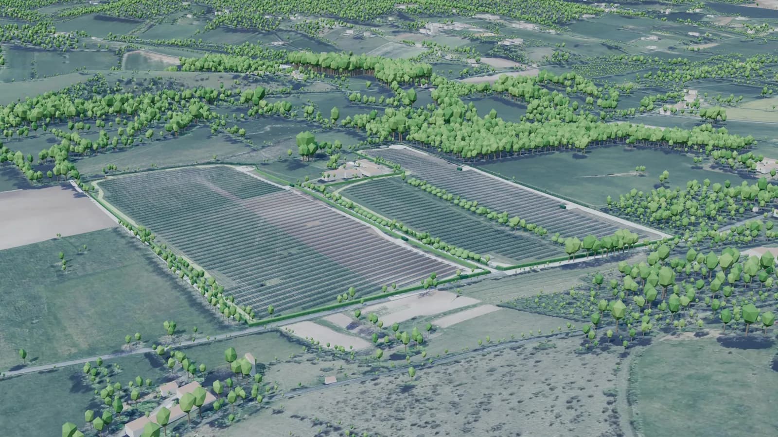 Même vue avec le projet : les panneaux couvrent les parcelles de part et d'autre de la ferme