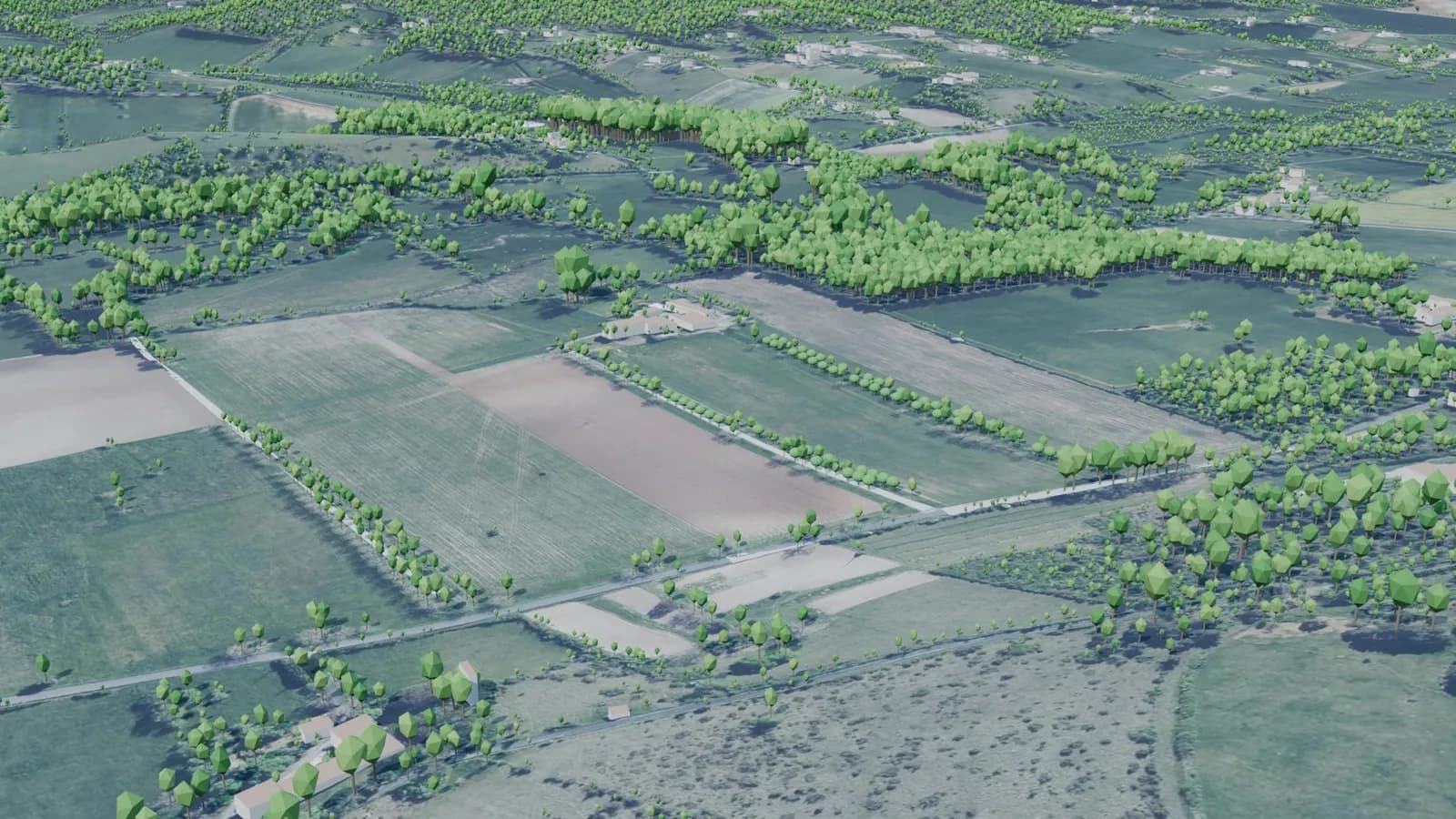 Vue aérienne depuis le nord-est, aujourd'hui : parcelles agricoles de la vallée du Vern