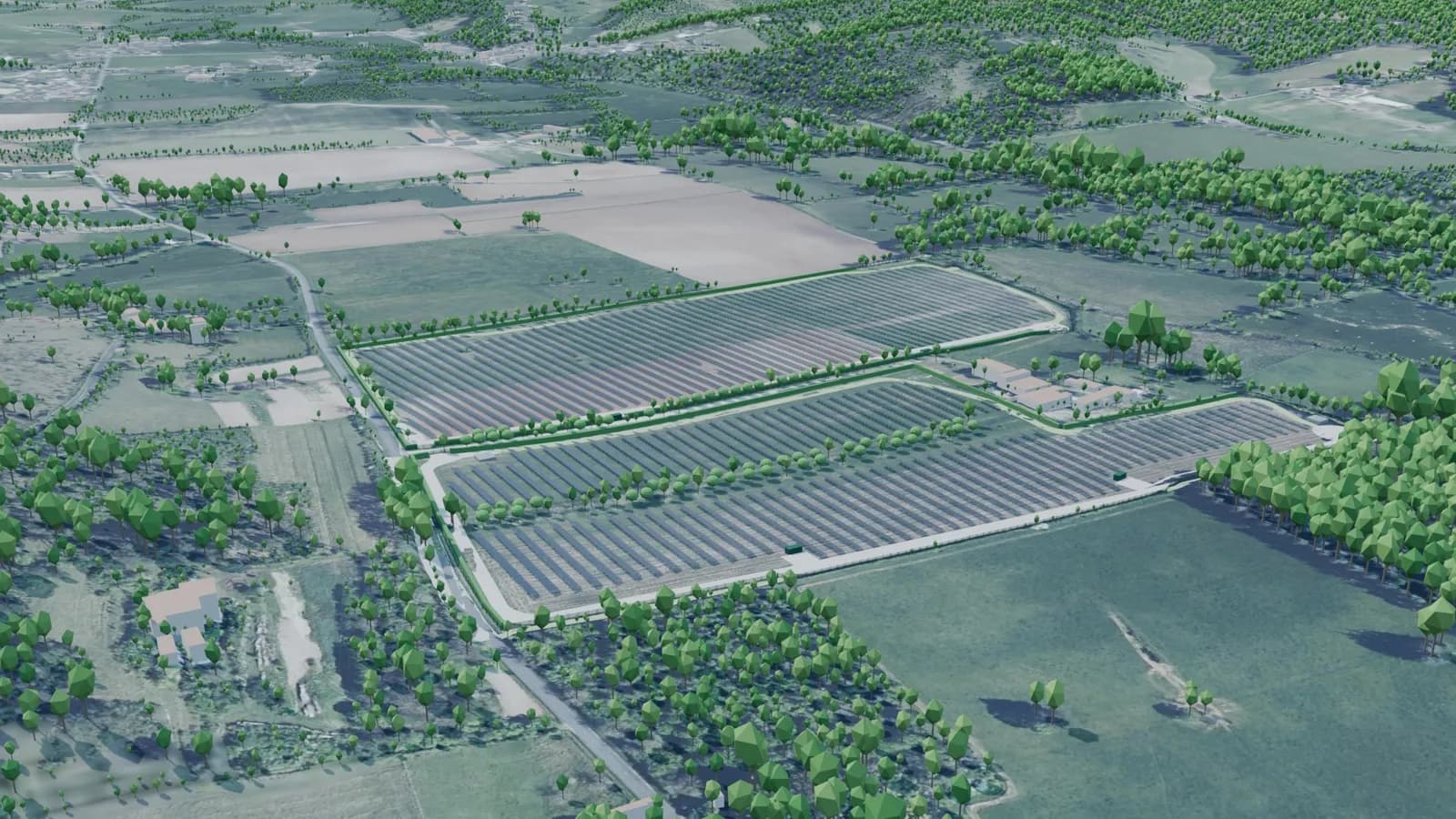 Même vue avec le projet : enceintes de panneaux photovoltaïques le long de la route