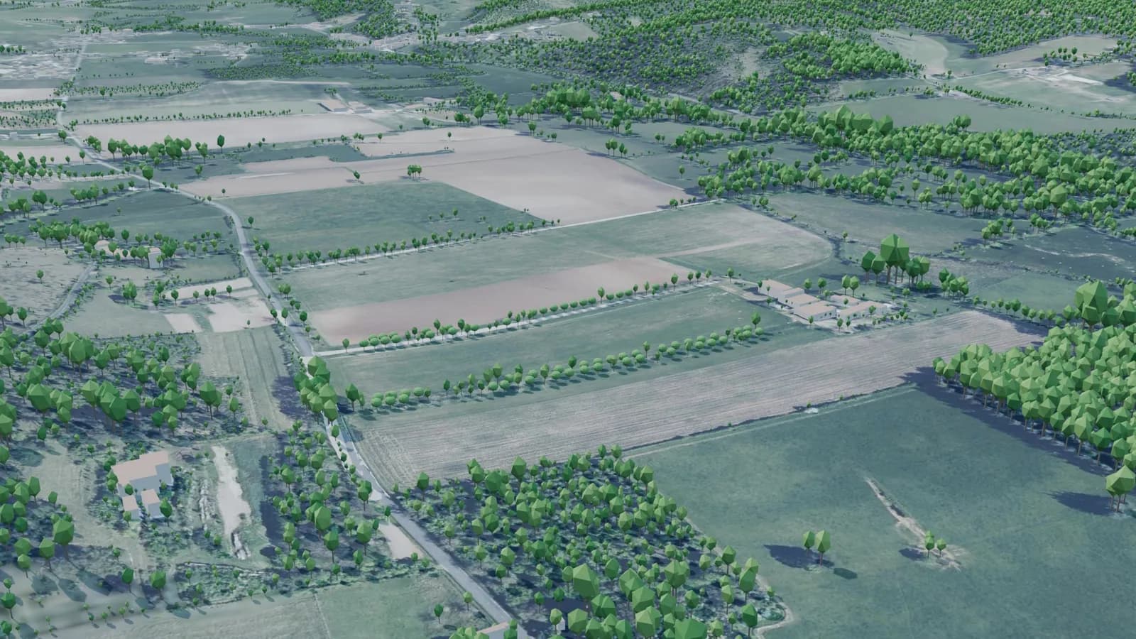 Vue aérienne depuis le nord-ouest, aujourd'hui : parcelles agricoles de la vallée du Vern