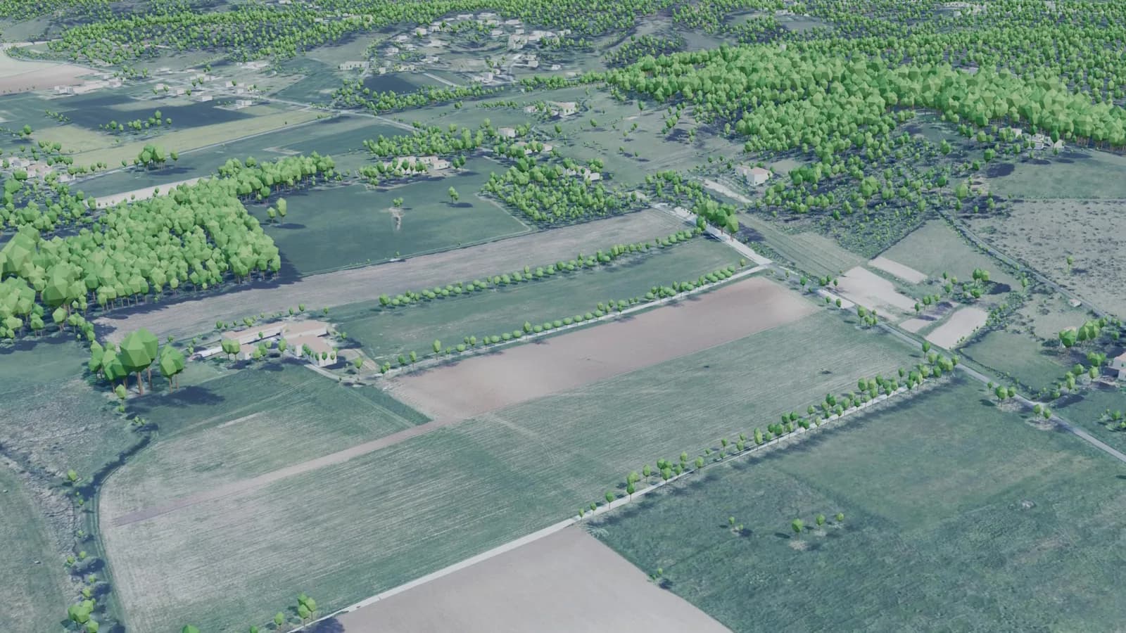 Vue aérienne depuis le sud-est, aujourd'hui : parcelles agricoles de la vallée du Vern