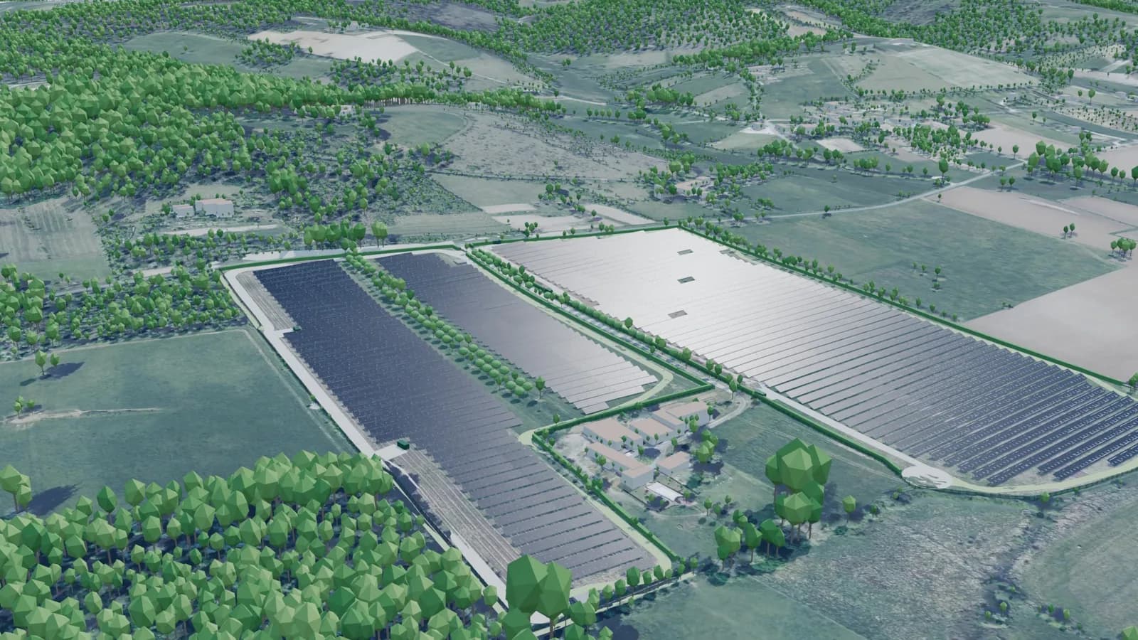 Même vue avec le projet : trois enceintes de panneaux photovoltaïques clôturées autour de la ferme des Gauteries