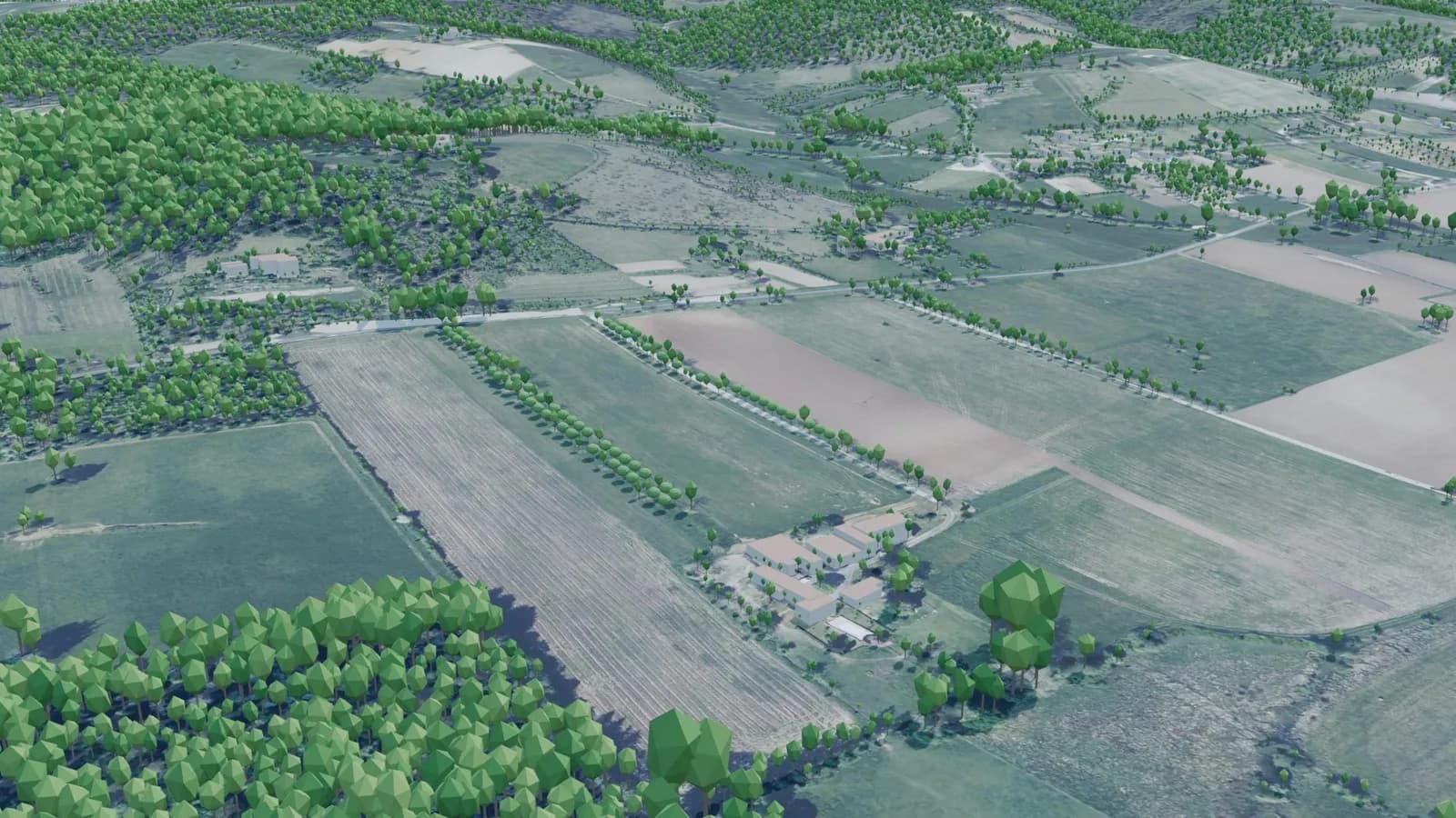 Vue aérienne depuis le sud-ouest, aujourd'hui : parcelles cultivées, alignements de noyers et ferme des Gauteries