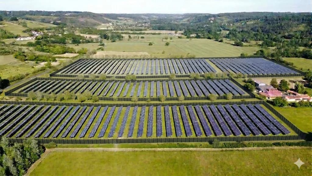 Photomontage aérien du projet : 16,34 hectares de panneaux photovoltaïques clôturés à la place des prairies